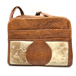 Vintage 70s Handmade Calf Hair Aztec Calendar Floral Tooled Leather Shoulder Bag